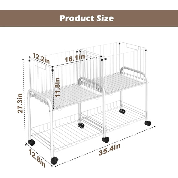 Rolling Laundry Cart with Wheels,76L Laundry Hamper Sorter Trolley with Extra Shelf,2 Removeable Collapsible Wire Storage Basket