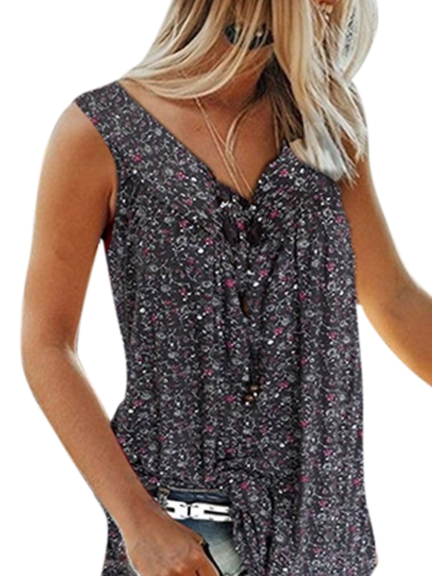 HUUSA Women Summer V Neck Lace Tank Tops Casual Loose Sleeveless Blouses Shirts