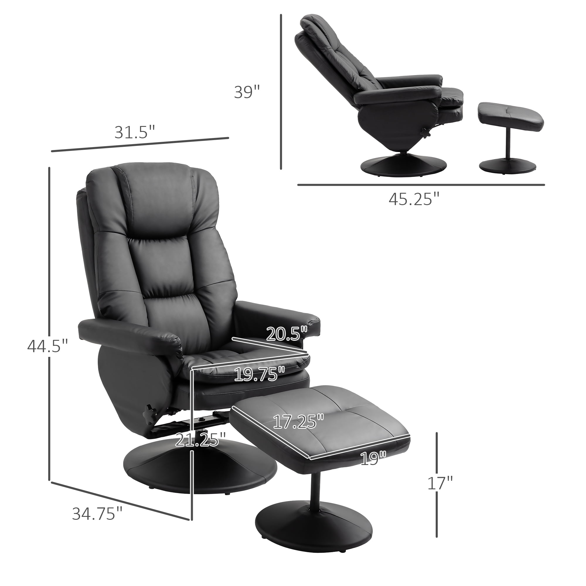 Massage Office Chair with Ottoman, PU Leather Recliner, 135° Recline, Black