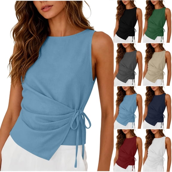 Otntypg Womens Linen Cotton Crop Tank Tops Casual Side Tie Wrap Sleeveless Ruched Boat Neck Shirts Trendy Summer Beach Going Out Tops