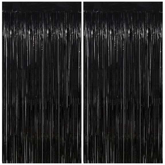 2 Pack Black Streamer 3.2 x 6.56 FT - Black Tinsel Foil Fringe Backdrop Curtains
