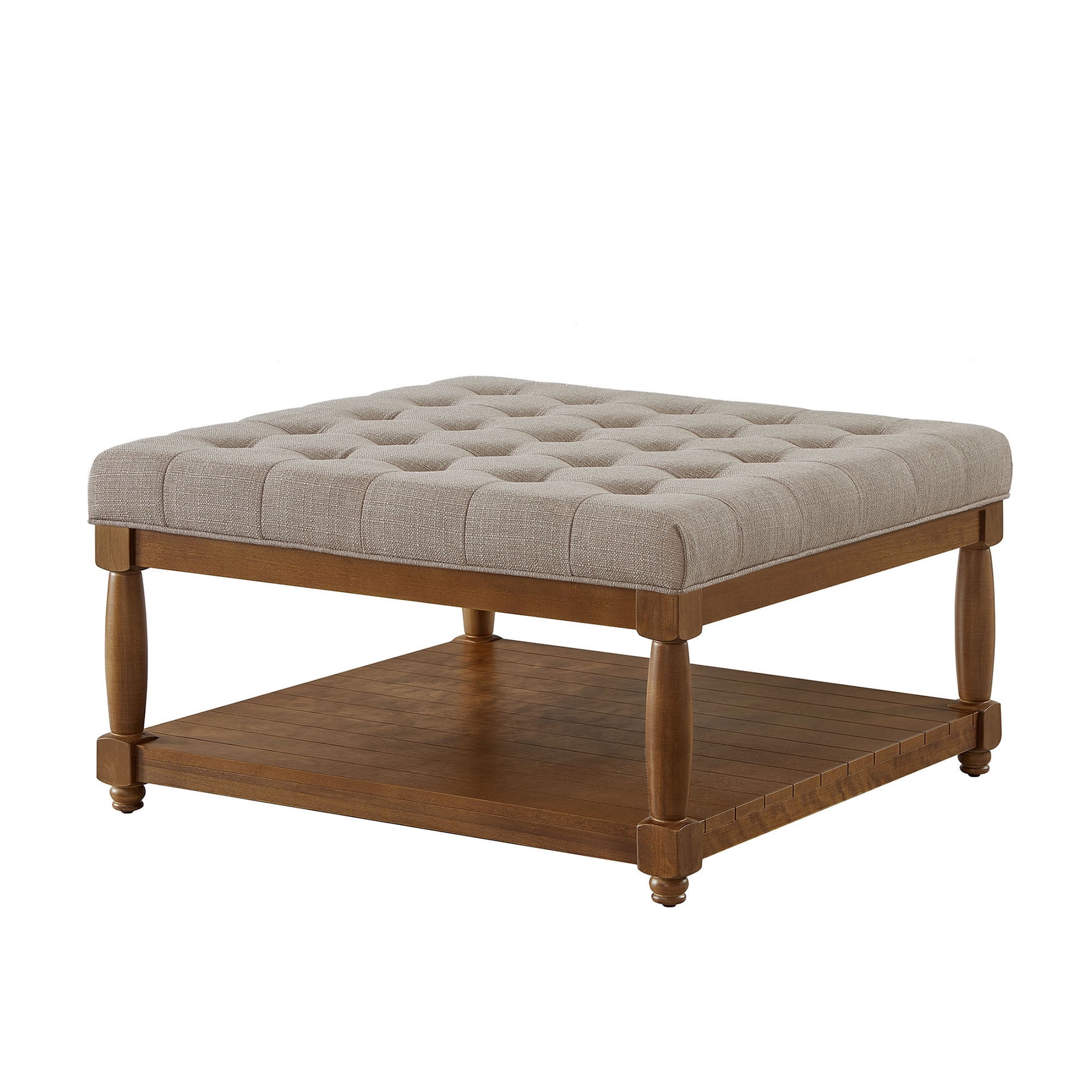 S-HOME Large Square Upholstered Tufted Linen Ottoman, Spacious Coffee Table with Solid Wood Shelf，Linen