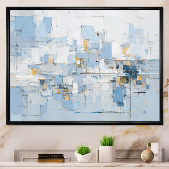 Designart "Reflective Tranquility In Blue And White Abstract" Abstract Collages Floater Framed Canvas Art Print