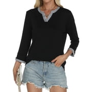VDJ Womens 3/4 Sleeve Tops Striped Color Block Henley V Neck T Shirts Fashion Fall Tunic Elegant Black Tee Blouse Size XL