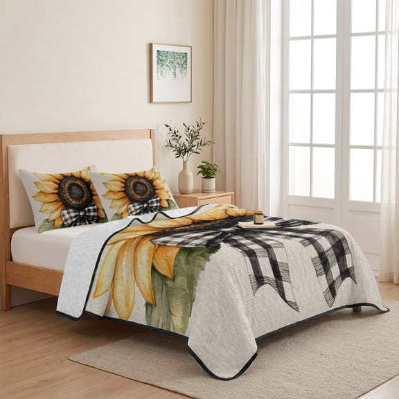 3 Piece Summer Bed Quilt Set Twin XL Size,Watercolor Sunflower Leaves on Retro Linen Lightweight Bedspread Coverlet with 2 Pillowcases Black White Bow Soft Comforter Bedding Quilts for All Season