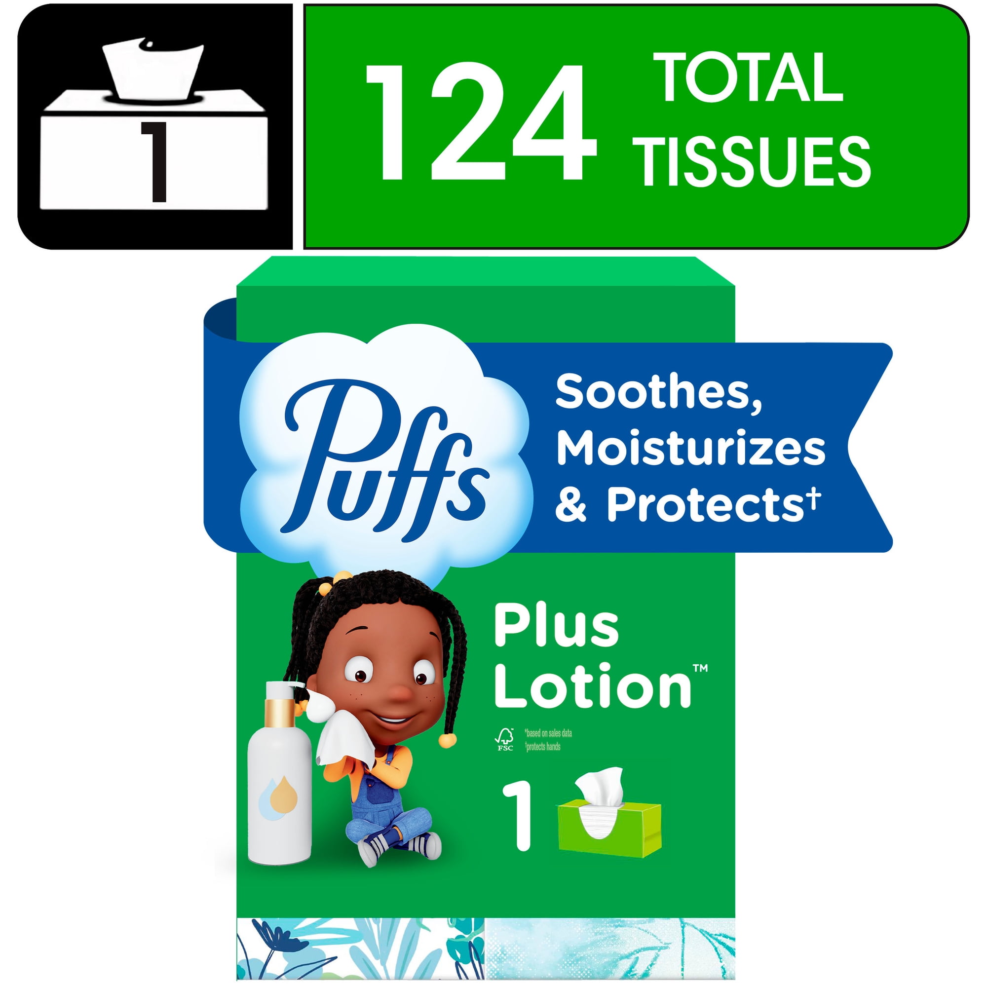 Puffs Facial Tissue Plus Lotion, 1 Rectangle Box, 124 Tissues Per Box