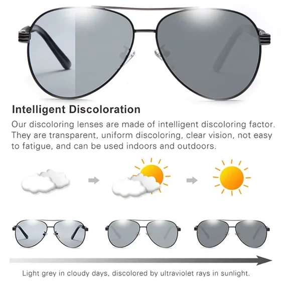Transition Aviator Polarized Men's Sunglasses Photochromic Metal Frame Eyewear