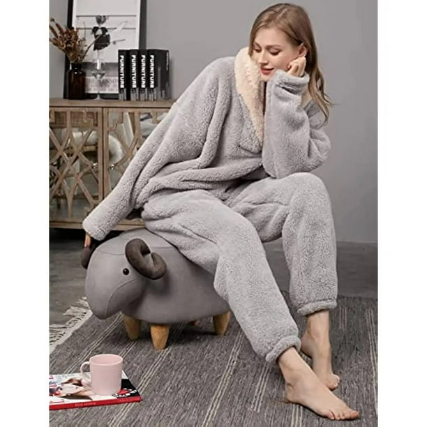 Pijamas de lana para mujer suave y comodo y esponjoso Conjunto de pijama Jersey y pantalones ropa de dormir holgada de felpa calida para invierno
