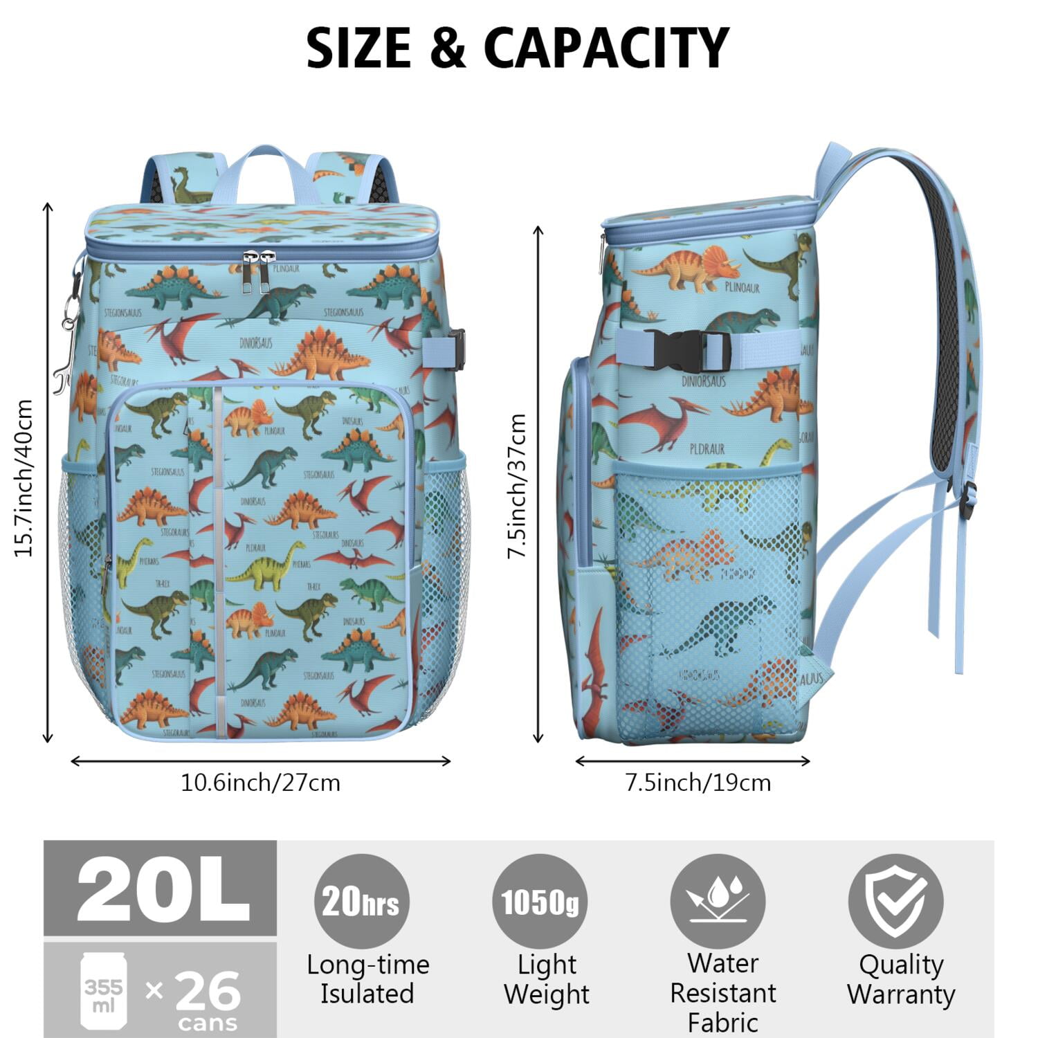 Travel Cooler Bag - Blue Cartoon Dinosaurs Names Pattern Camping Beer Cooler Backpack with Bottle Opener- Waterproof Insulated Picnic Backpacks - Cooler Bag for Beach