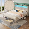 thumbnail image 7 of Greenstell Full Bed Frame with Storage Drawers, Upholstered Bed with LED Light and Linen Fabric Storage Headboard, Off White, 7 of 7