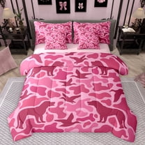 jejeloiu Duck Wolves Hunting 7-Piece Twin Bedding Sets,Rustic Camo Bedding Comforter Set,Pink Mallard Sheet Sets For Boys Kids,Microfiber Bedroom Decor Reversible