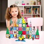 PicassoTiles 100PCS Magnet Tile Building Block Set with Carry Case, Car Base, 8 Magnetic Characters, Whiteboard Markers, STEM Educational Toy Age 3+