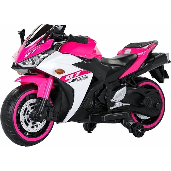 Electric Motorcycle/ 12V Kids Toys Motorcycle/Kids Electric Car/Electric Ride on Toys for 3-6 Years Boys Girls with Training Wheels/Manual Throttle/ Drive by Hand/Lightting Wheels