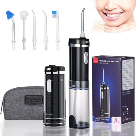 Cordless Water Dental Flosser for Teeth Cleaning, Yoobao Collapsible Oral Irrigator with Travel Case, 5 Tips & 5 Modes, 2000mAh Portatble Electric Water Teeth Cleaner for Gums, Braces Care (Black)
