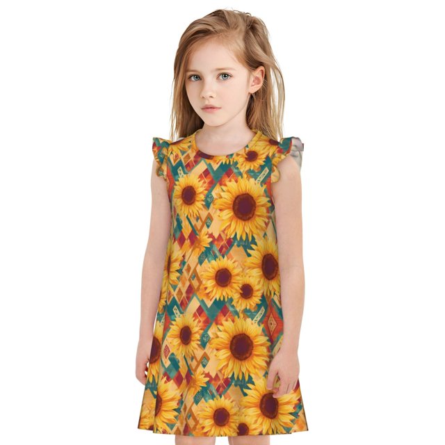 Fotbe Diamond Bohemian Sunflower Vestido de Dormir para Niñas de 3 a 10 Años, Mangas Cortas, Estilo Princesa, Pijama Camisón con Mangas Voladas-Medium