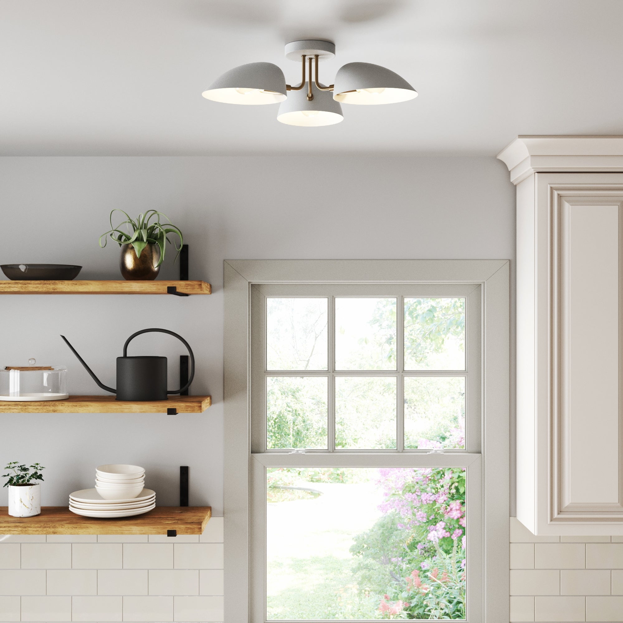 Nathan James Argo Semi Flush Ceiling Mount 3-Light Fixture with Retro White Rounded Shade for Hallway, Kitchen or Bedroom