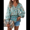 thumbnail image 1 of Blusa Informal con Cuello en V para Mujer, Holgada, con Estampado Floral, de Larga, para Playa. Azul S, 1 of 10