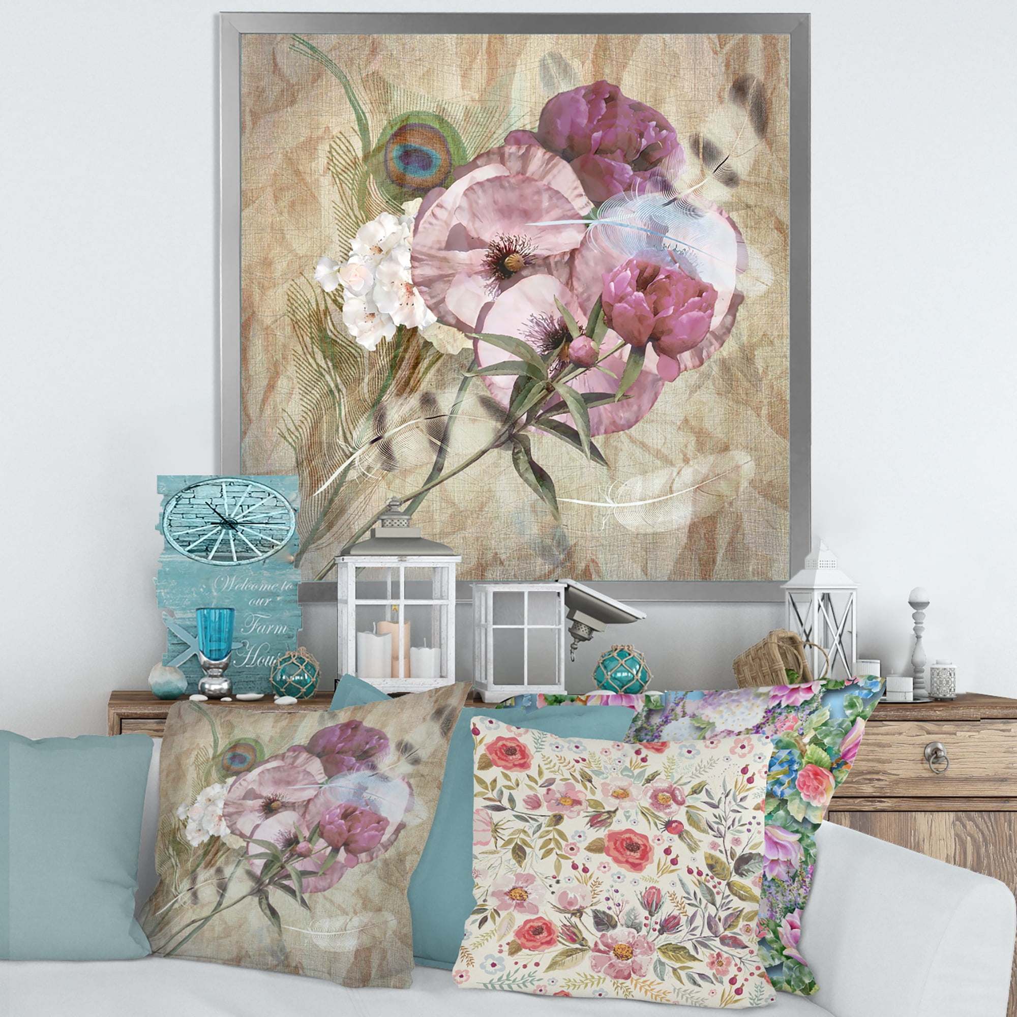 Designart 'Iris Bouquet Floral Design With Peacock Feather' Traditional Framed Art Print