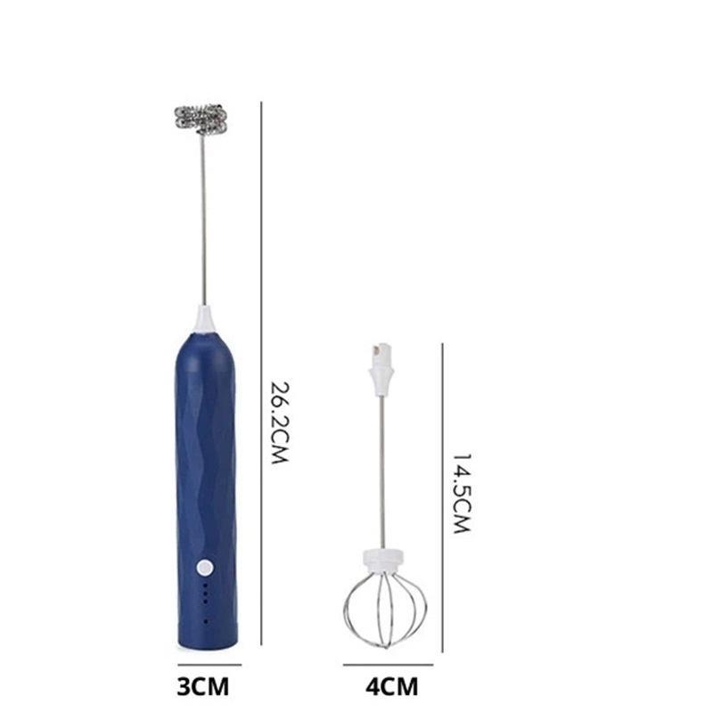 Handheld Milk Frother, Coffee Foam Maker USB Rechargeable Hand Drink Mixer 3 Speeds Electric Whisk Adjustable Hand Held Blender with 2 Heads (Blue)