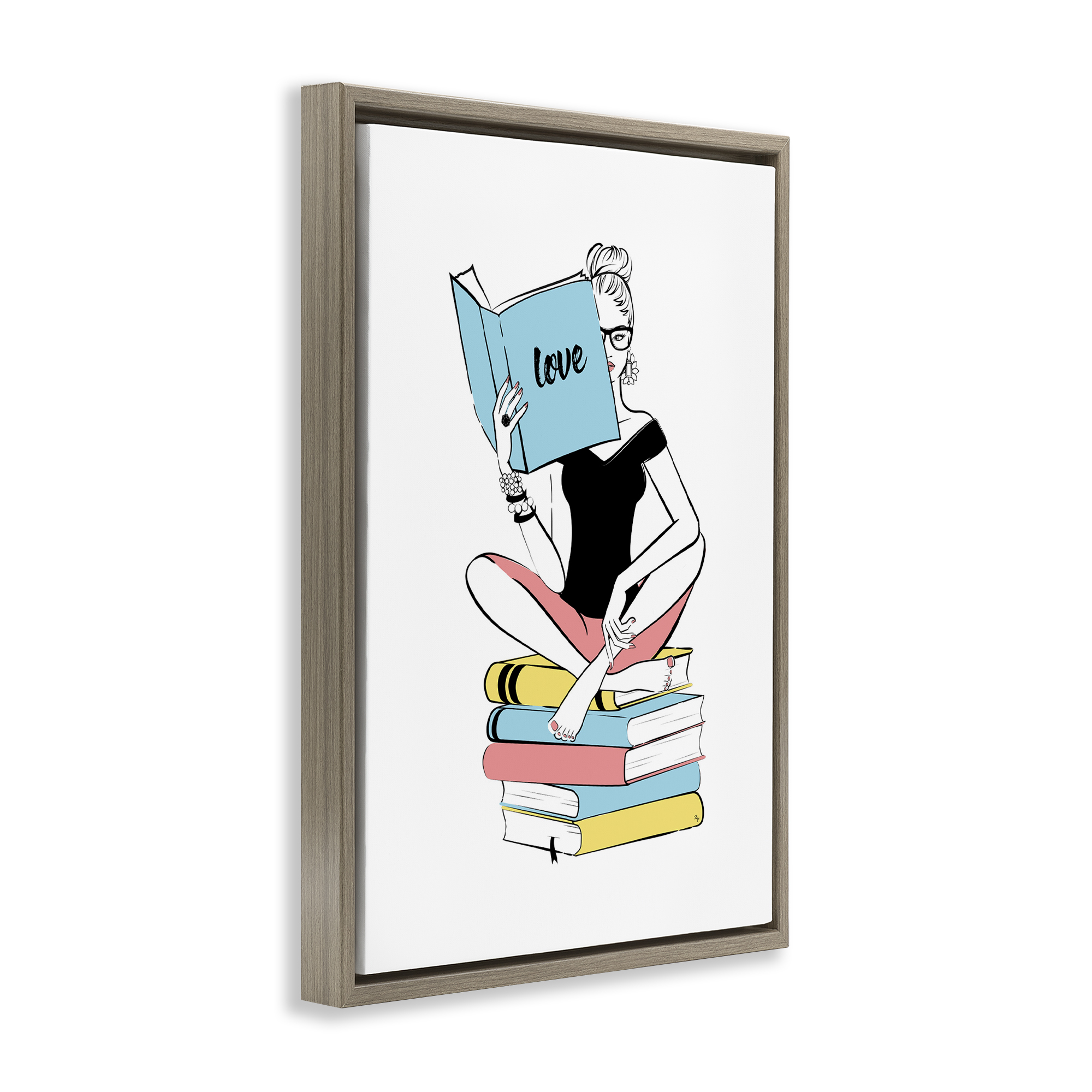 Stupell Industries Book Love Girl Novelty Painting Brown Floater Framed Art Print Wall Art, 17 x 25