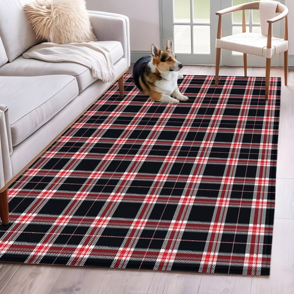 Black Red Plaid Area Rug 4'x6', Farmhouse Buffalo Checkered Gingham Washable Non-Slip Rugs, Low Pile Large Carpet for Living Room Bedroom Dining Room Kitchen Office Indoor Mat
