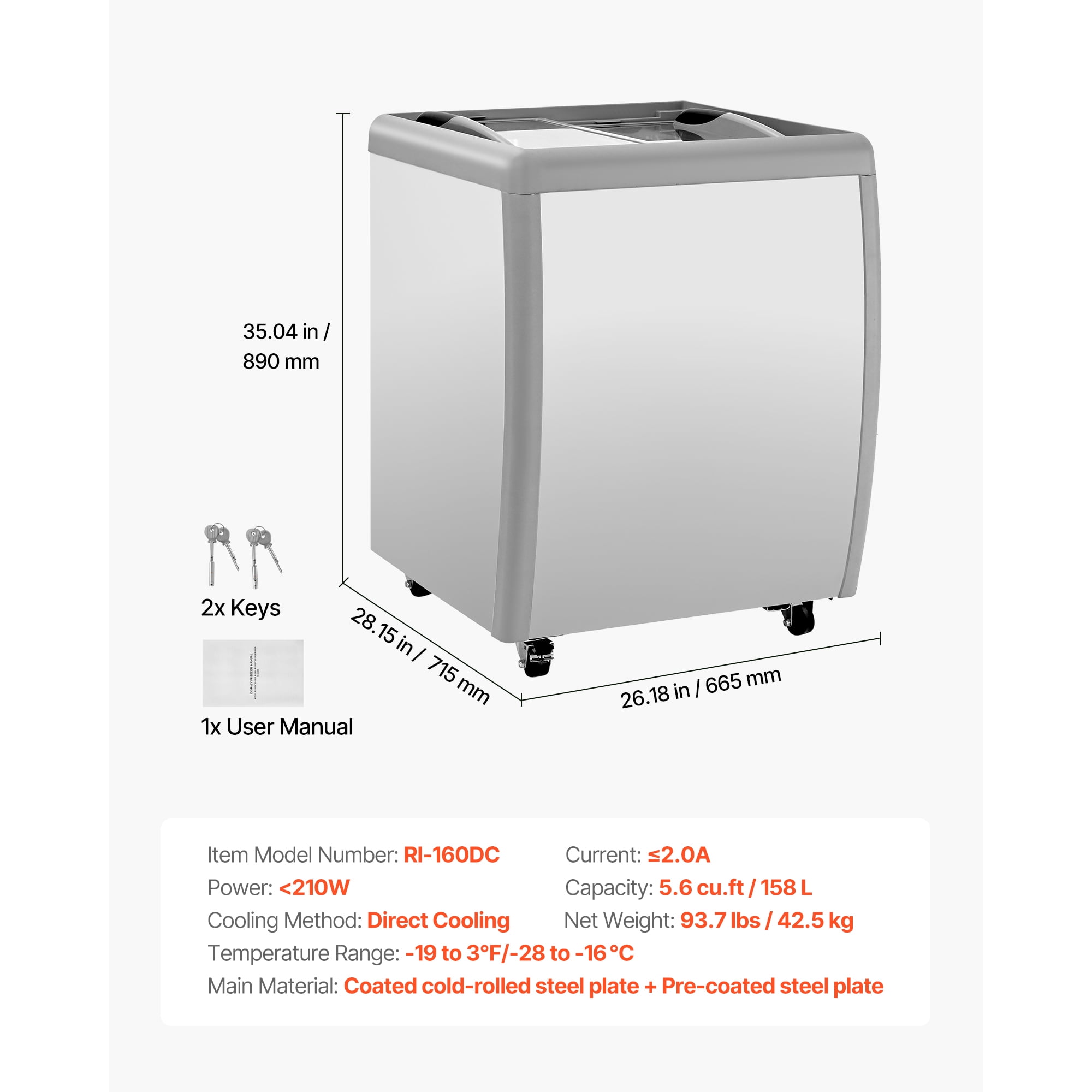 KFFKFF Commercial Ice Cream Display Case, 5.6 Cu.ft Chest Freezer, Gelato Dipping Cabinet for Restaurants, Deep Freezer with Casters, Sliding Glass Door, LED Lighting, Fits 4 Ice Cream Tubs