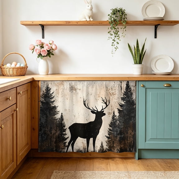 Vintage Forest Deer Sink Skirt 11"Wx13"L,Dustproof Under Sink Curtain with Self Adhesive Tape,Rustic Country Wildlife Woodland Cabinet Curtain Cover for Bathroom Vanity,Kitchen Cabinet Storage Shelf