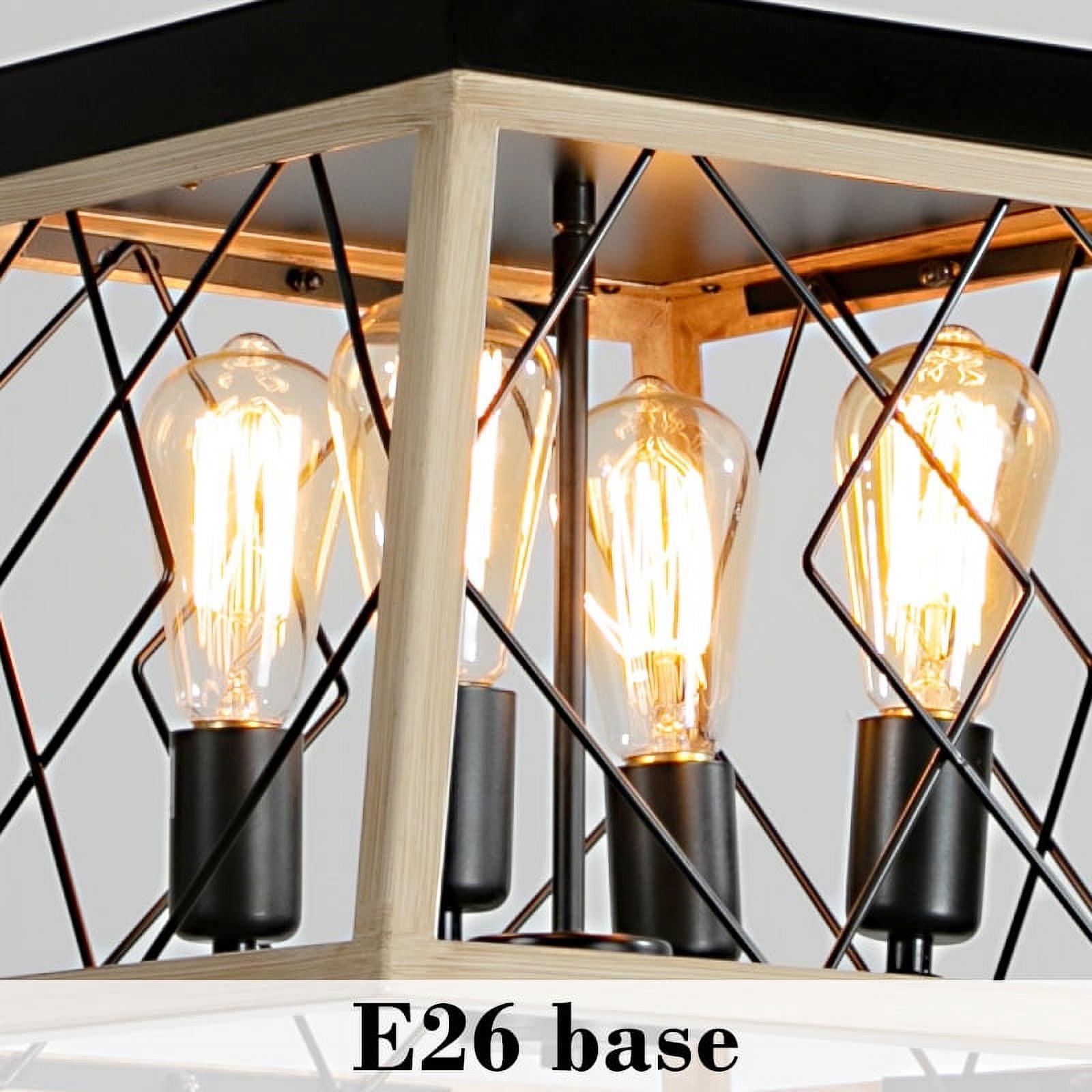 4-Light Farmhouse Vintage Chandelier, Rustic Pendant Light, with Faux Wood Finish, Adjustable Chain Industrial Fixture for Dining Room, Foyer, Kitchen Island, Oak E26 Base