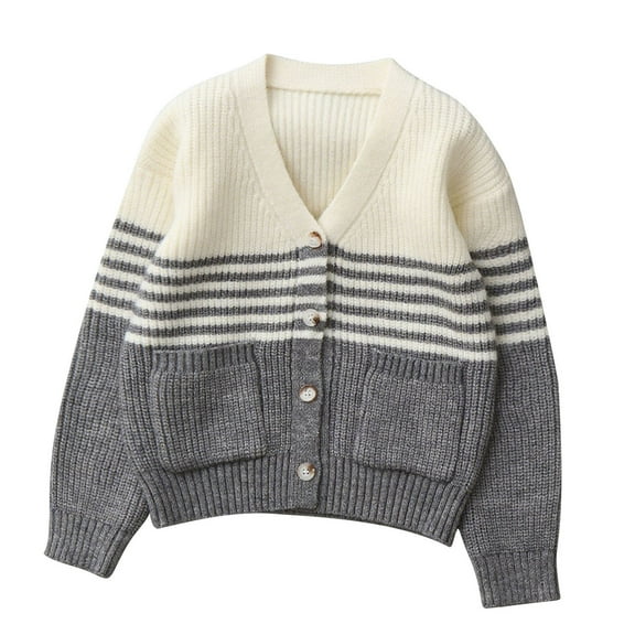 StSilkitty Cardigan Sweater for Boys Girls Striped Long Sleeve V Neck Button down Cardigans Fall Winter Tops with Pockets