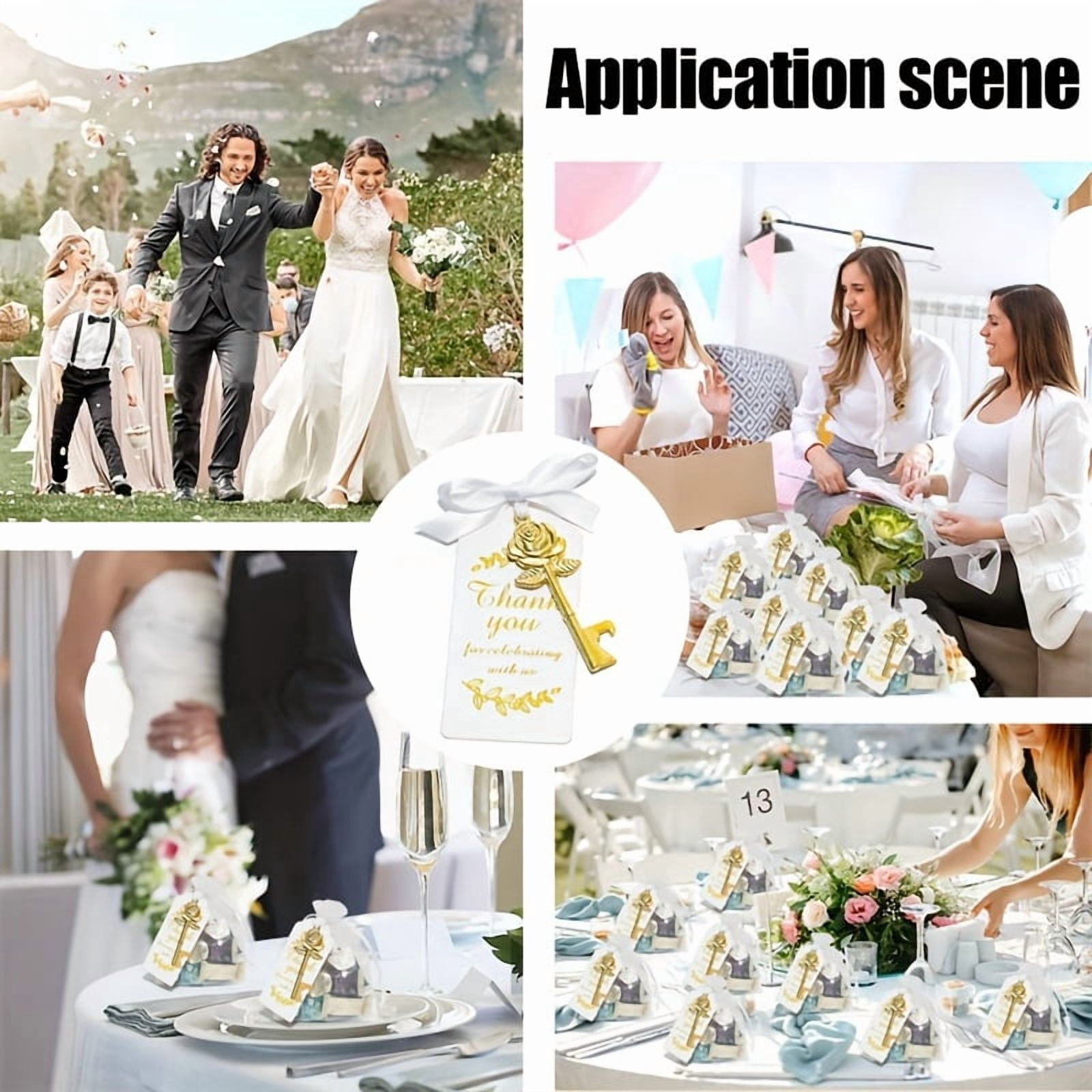 50PCS gold/silver Rose Flower Shaped Keys Wedding Favors Gift for Guest Bulk Skeleton Key Bottle Opener with Card and Chain for Rustic Party Bridal Showers Decorations