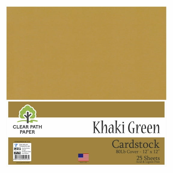 Khaki Green Cardstock - 12 x 12 inch - 80Lb Cover - 25 Sheets - Clear Path Paper