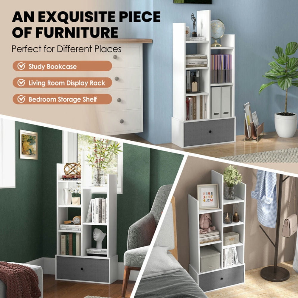 Demi Bonn 7-Tier Open-Back Bookshelf with Drawer, Space-Saving Storage Rack Bookcase, White