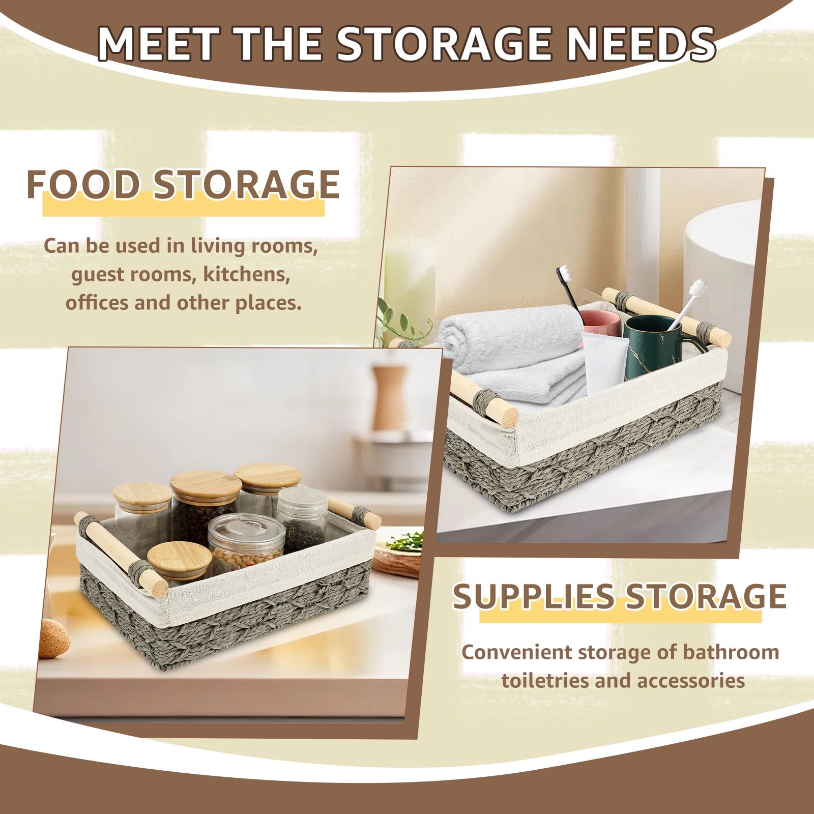 Dznils Wicker Toilet Paper Storage Basket with Handle, Bathroom Towel Organizer, Gray, Set of 2