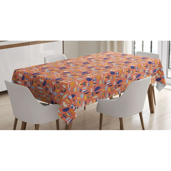 Garden Tablecloth, Daisy Aster Blossoms Forest Leaves Happy Spring Clouds Pattern, Rectangle Satin Table Cover Accent for Dining Room and Kitchen, 52" X 70", Salmon Dark Lavender, by Ambesonne