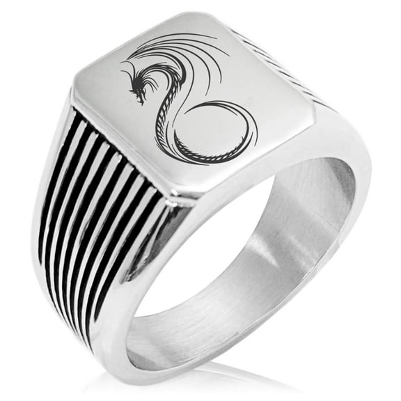 Stainless Steel Serpentine Dragon Needle Stripe Pattern Biker Style Polished Ring