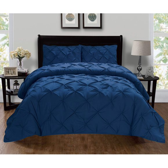 Celine Linen Ensemble de Housse de Couette de Luxe Super-Doux 1500 Fils Qualité Égyptienne 3 Pcs Design Pintuck, (Insert Protecteur de Couette) Sans Plis, Full/Grand, Bleu Marine