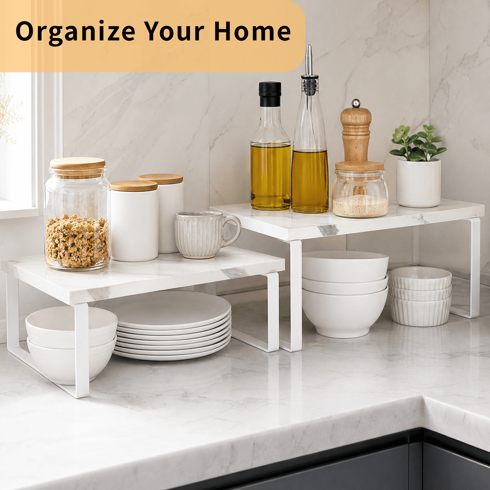 Koomade 2 Pack Cabinet Organizers Shelves,Cabinet Pantry Storage Rack, Pantry Cupboard Rack for Kitchen, 11.7''W,Marble grain + White