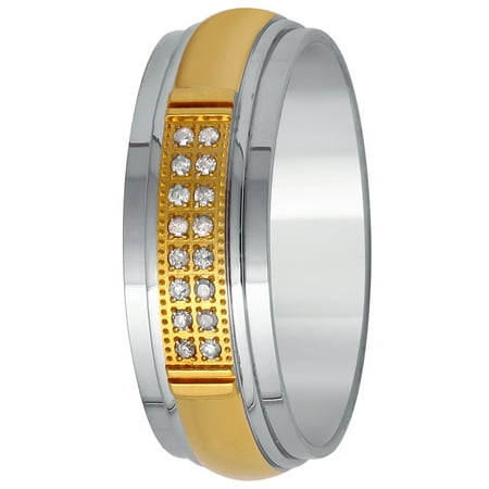 Men's Stainless Steel 8MM Diamond Accent Two-Tone Wedding Band - Mens Ring