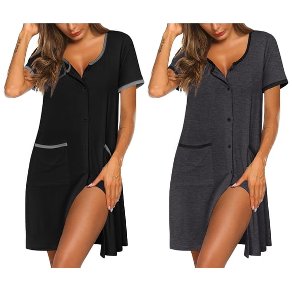 Ekouaer Nightgowns for Women 2 Pack Button Down Sleep Shirts Short Sleeve Nightshirt Sleepwear House Dress with Pockets