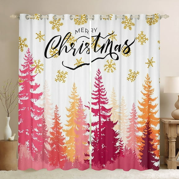 Feelyou Girly Pink Tree Black Out Curtains, Gold Winter Snowflake Curtains Pack of 2 (42x63 Each), Merry Christmas Theme Bedroom Curtains, Microfiber Bedroom Decor