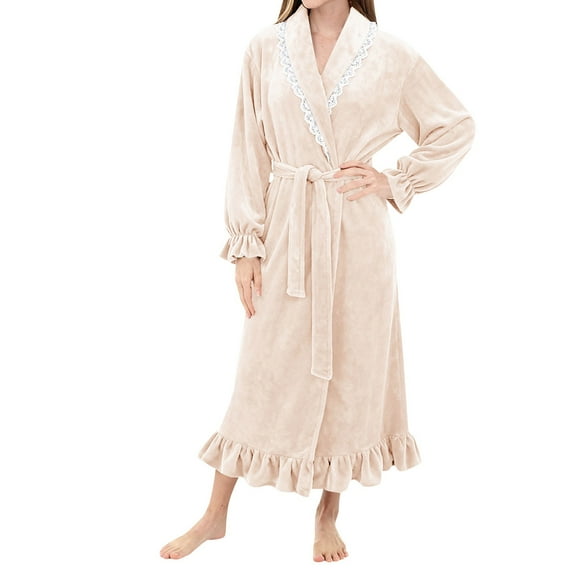 Hugcore Bathrobe for Women Fleece Maxi Robe for Women Lace Trim Fuzzy Soft Bathrobe Warm Winter Long Sleeve Nightgown Women's Robes, Beige, L