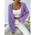 thumbnail image 3 of Women'S Cropped Loose Plush Long Sleeve Open Front Knitted Cardigan Purple L, 3 of 8