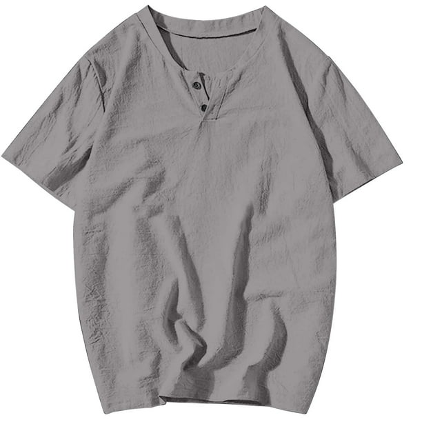 Camisas Hawaianas de los Hombres de la Playa de Manga Corta Cuello Redondo Casual Color Sólido, Top de Lino para las Vacaciones Y la Playa