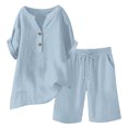 thumbnail image 2 of Joernso Cotton Linen 2 Piece Outfits for Women Short Sleeve V-Neck Top Wide Leg Shorts Set Summer Casual Loose Lounge Set, 2 of 8