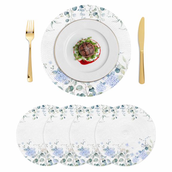 Round Placemats Blue Floral Hydrangeas 15 inch Set of 4 Table Mats for Dining Table Rustic Green Leaves Heat Resistant Non-Slip Kitchen & Home Decorative Place Mat Set