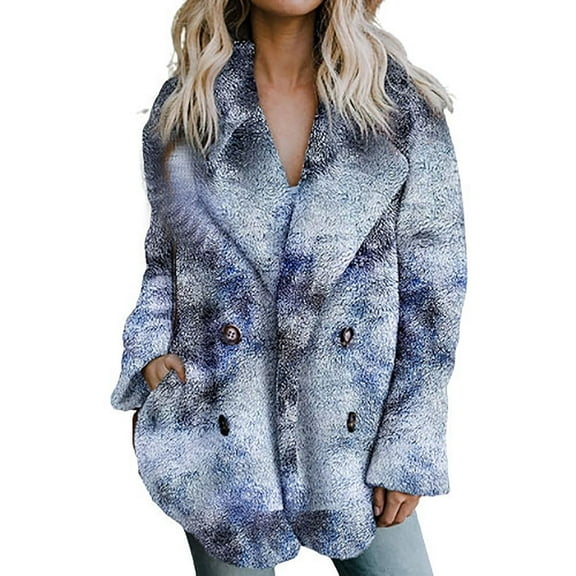 Fesfesfes Winter Warm Cardigan For Women Lapel Overcoat Fleece Open Front Coat With Pockets Tie Dye Printing Outerwear