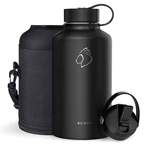 BUZIO 64 oz Vacuum Insulated Stainless Steel Water Bottle (Cold for 48 Hrs/Hot for 24 Hrs), 64oz Double Walled Wide Mouth Sports Drink Flask with BPA Free Straw Lid and Flex Cap, Black