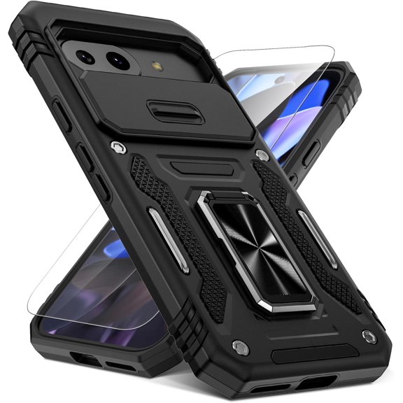 MYKOMI for Google Pixel 9A Case, [Full Camera Protection] [360°Rotated Kickstand Ring] [HD Screen Protector] Militray-Grade Hard Protective Phone Case Cover with Tempered Glass for Pixel 9A
