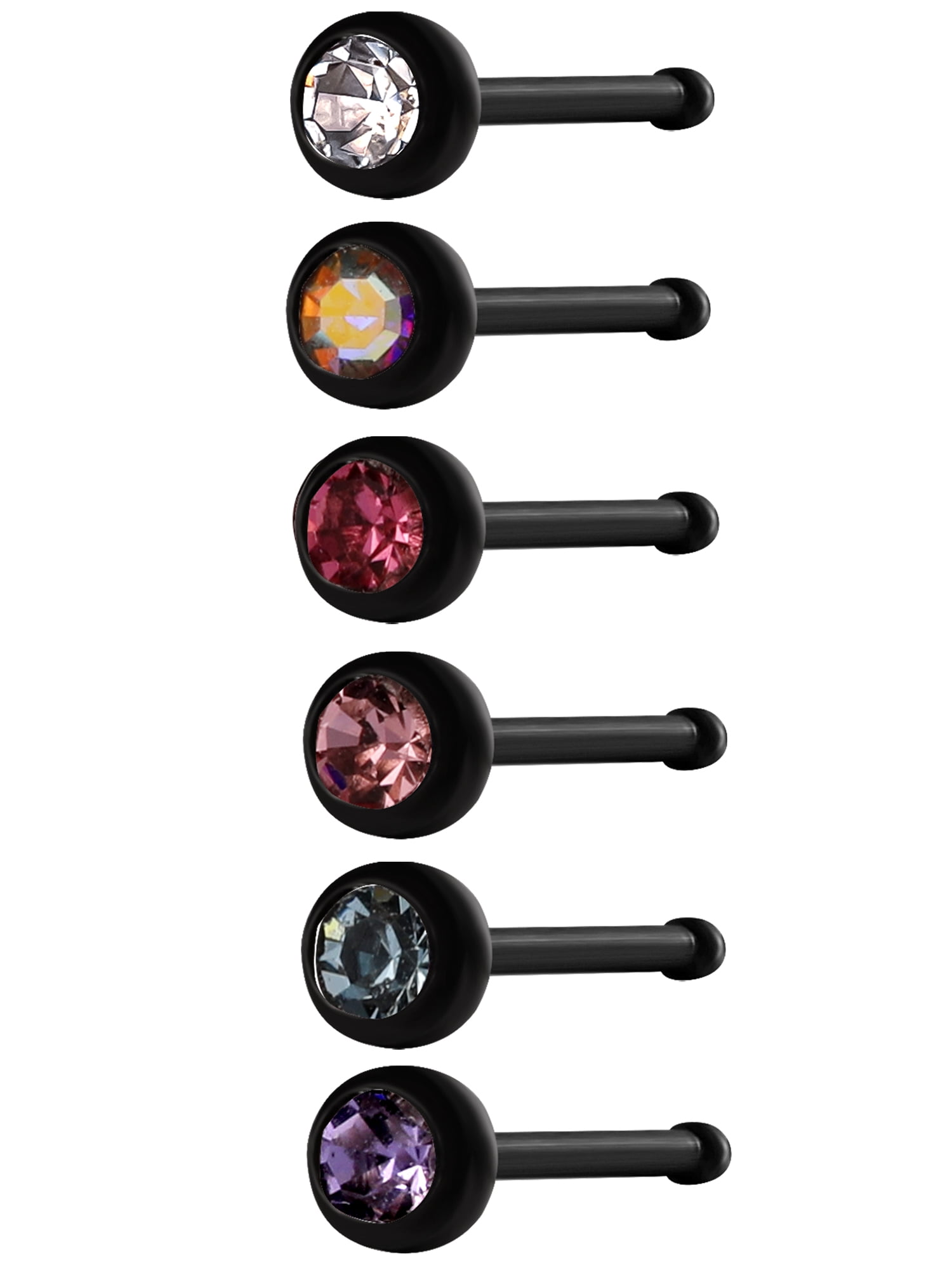 Hot Silver Women's Black Crystal Nose Ring Set, 22G, 6 Pieces