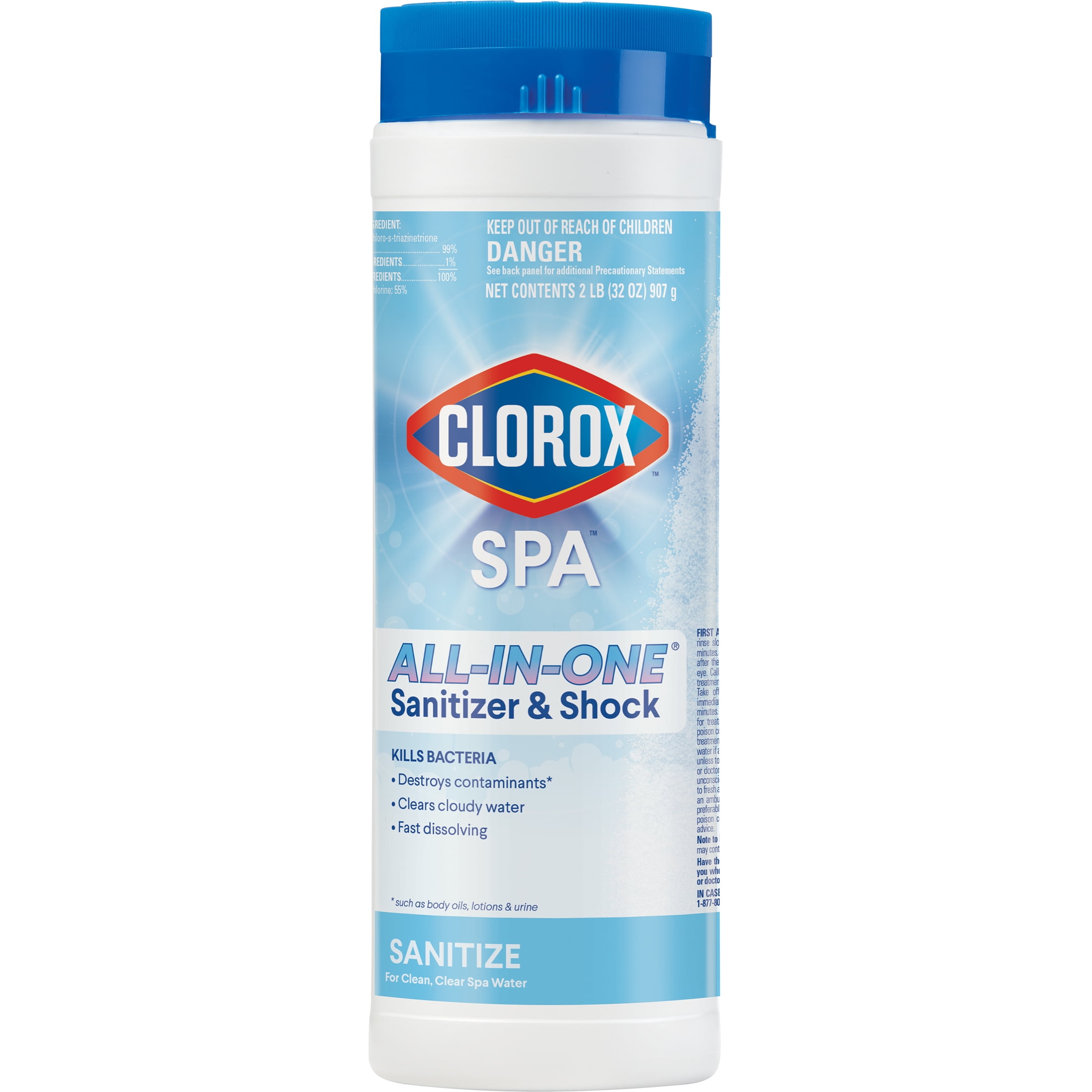(2 pack) Clorox Spa All-in-One Sanitizer and Shock for Spas and Hot Tubs Pool Water Balancers, 32oz for Sanitizing